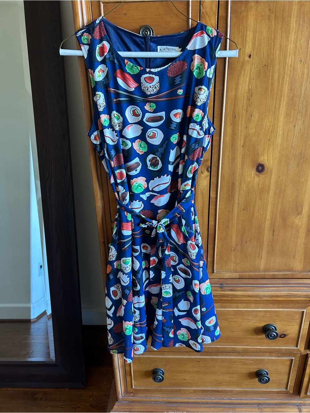 Sleeveless Navy Sushi-Print Tie-Waist Mini Dress